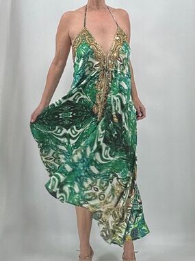 Mannish Vaid Boho Resortwear Tribal Embellished Beaded Summer Midi Halter Dress